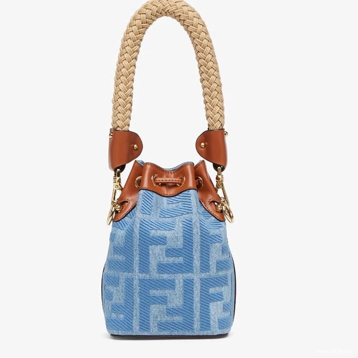 Vintage HOT Straw Fendi Blue with Tresor FF Mini Handle Bag Straw Bucket In Motif Mon 0803
